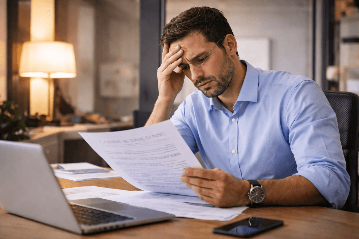 Professional reviewing complex employment contract with concern