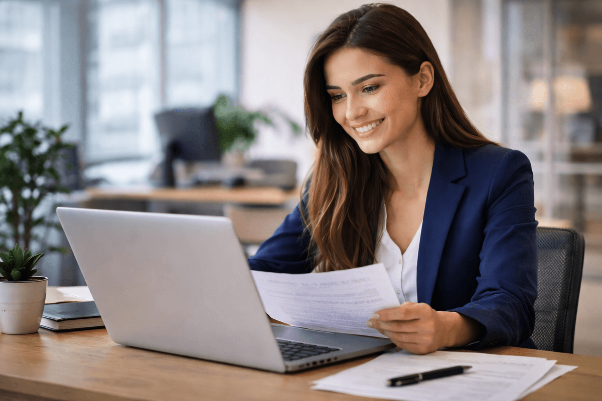 Employee confidently reviewing job contract terms on laptop