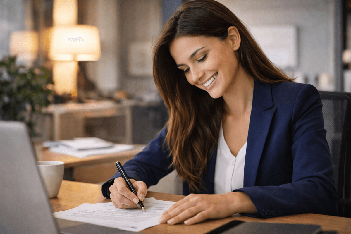 Confident professional signing employment agreement after understanding terms