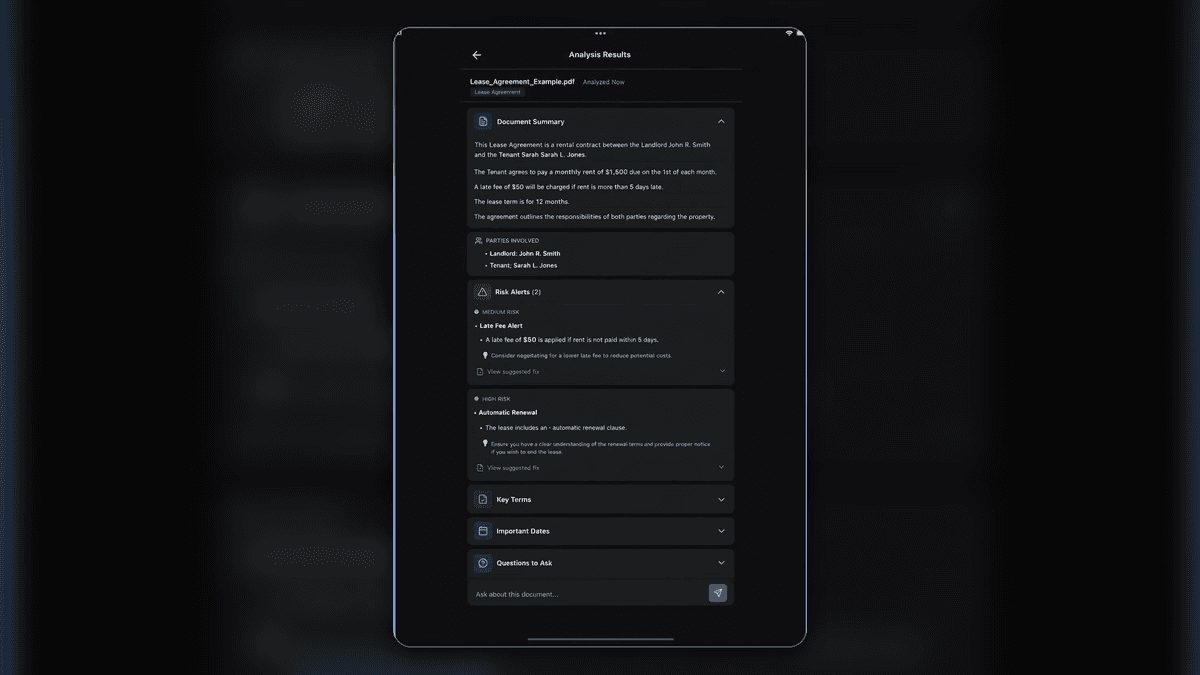 Legal Simplifier analyzing a lease agreement with summary and risk alerts