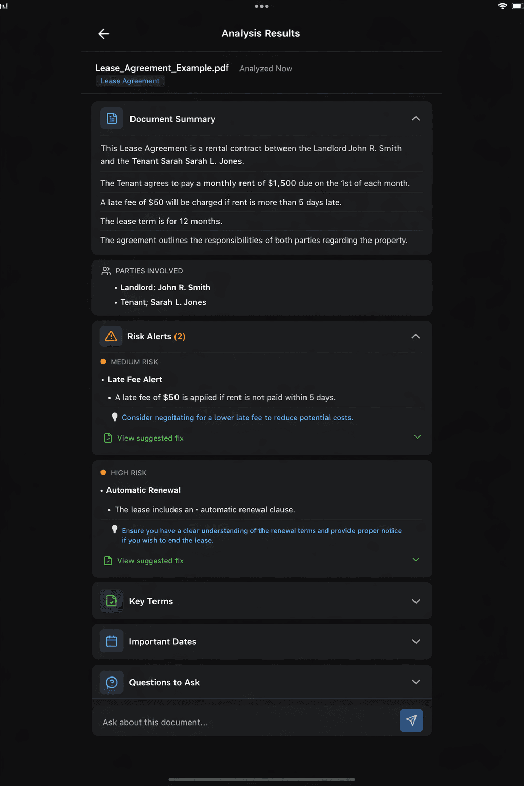 Legal Simplifier analyzing a lease agreement with summary and risk alerts
