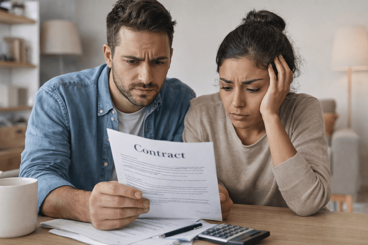 Couple worried while reviewing a lease agreement contract before signing