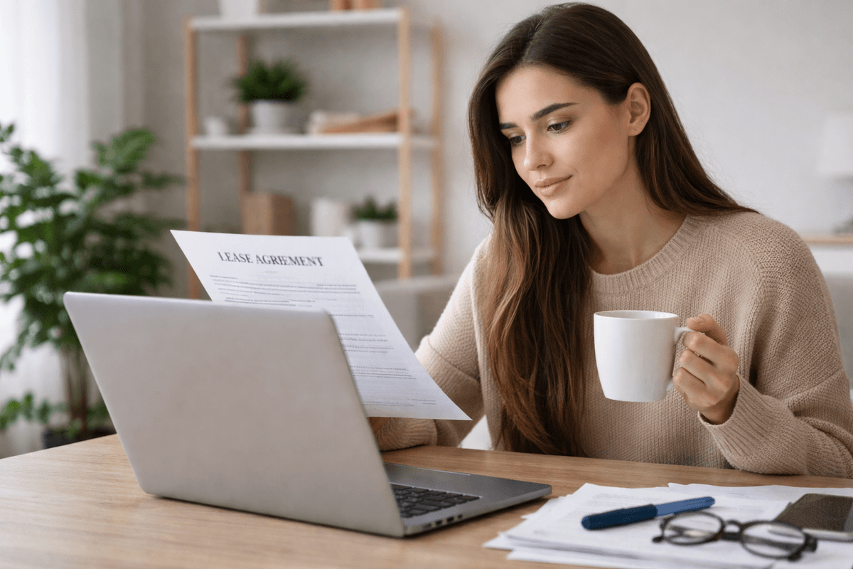 Woman reviewing a lease agreement on a laptop before signing